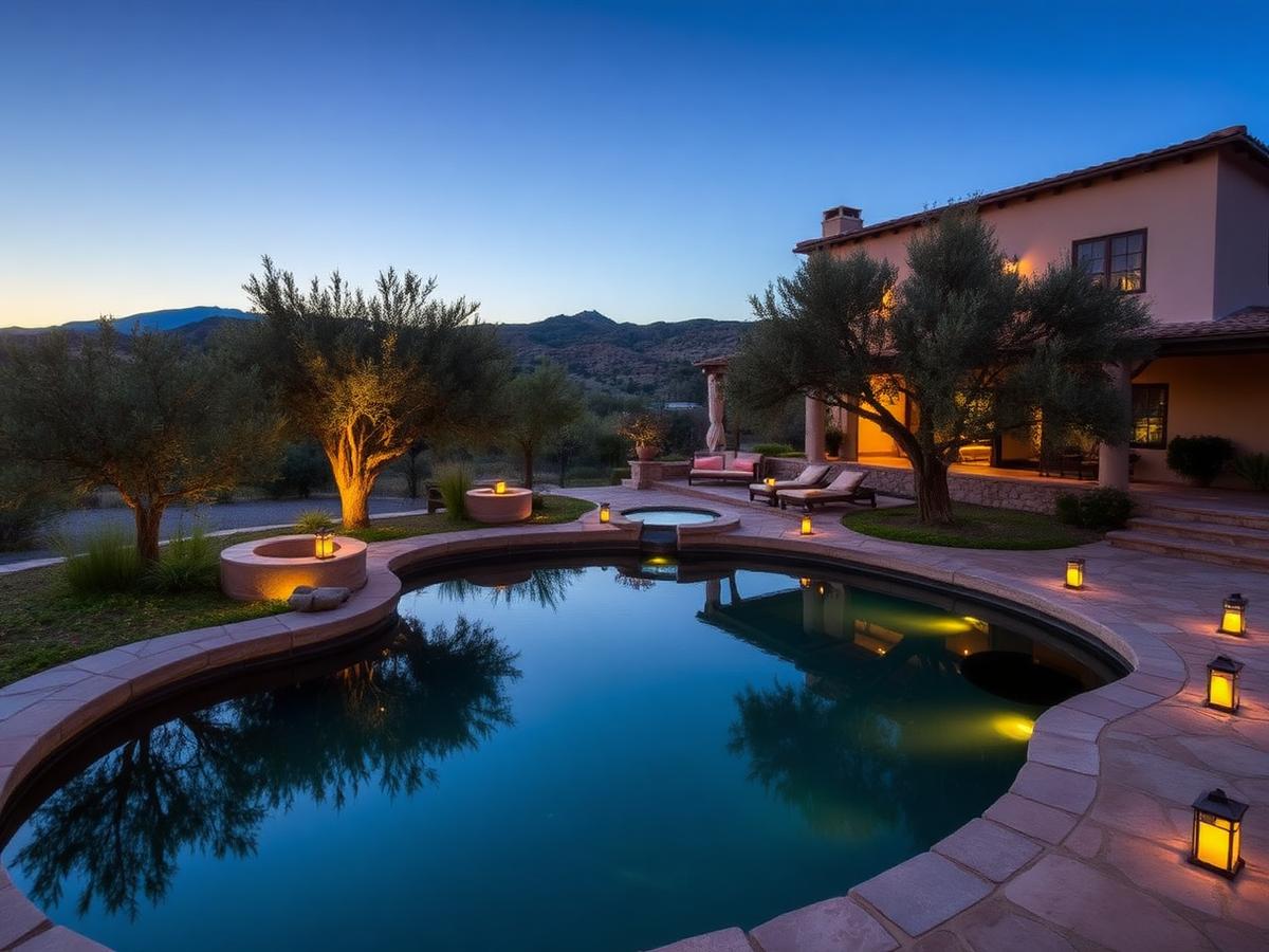 Biopiscina en un viñedo del Valle de Guadalupe al anochecer